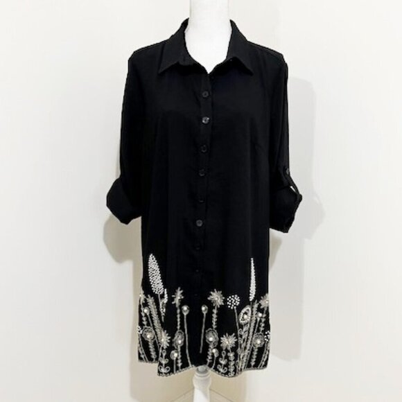 Simon Chang Black Button Dress Tunic Top Floral Embroidered & Beaded Size 10 - Picture 2 of 9
